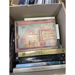 Large quantity of art reference books predominantly in English, to include David Hockney a Retrospective, The Folio Society; The Story of the Renaissance, Henry Moore, etc in four boxes   