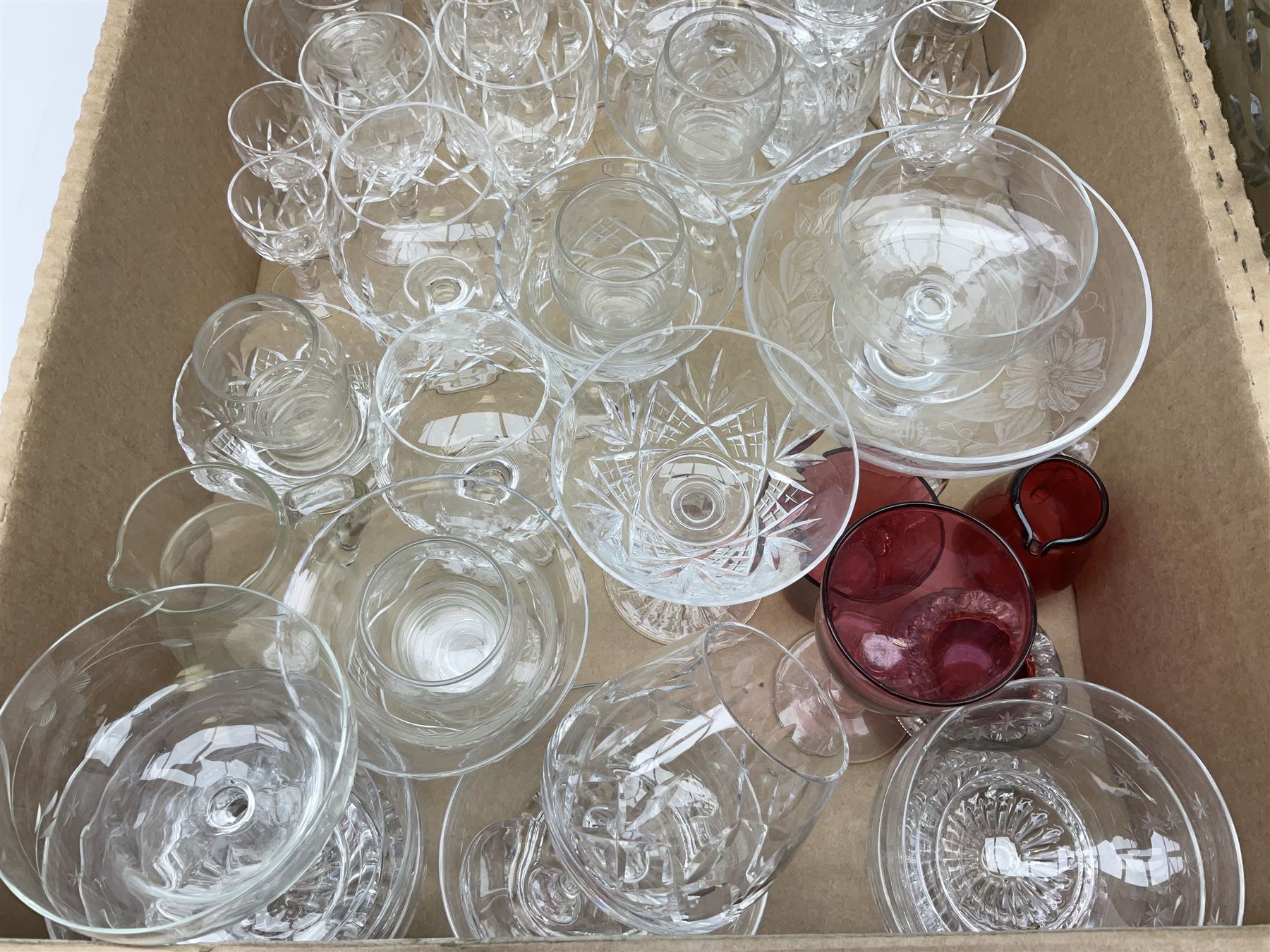 Stuart Crystal Hardwicke pattern glasses, silver mounted glass tray stamped Birmingham 1909, silver collared bottle, pukeberg of Sweden owl paperweight, decanter, mantel clock, dressing table brush set etc in three boxes