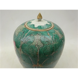  Late 19th century Chinese Famille rose jar and cover, ovoid form painted with butterflies against a Cabbage Leaf pattern ground, H34cm   