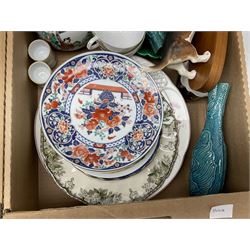 Quantity of ceramics, to include Royal Albert Old Country Roses coffee pot and large bowl, Villeroy & Boch, Wedgwood Majolica, Kalocsa of Hungary, Beswick Basset Hound, Herend of Hungary, mid century vase of tapering form with orange and black striped decoration, etc in three boxes