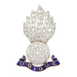 Platinum rose cut diamond Royal Artillery flaming grenade brooch, with 9ct gold blue enamel 'Ubique' motto below, in Garrard & Co Ltd silk and velvet lined case