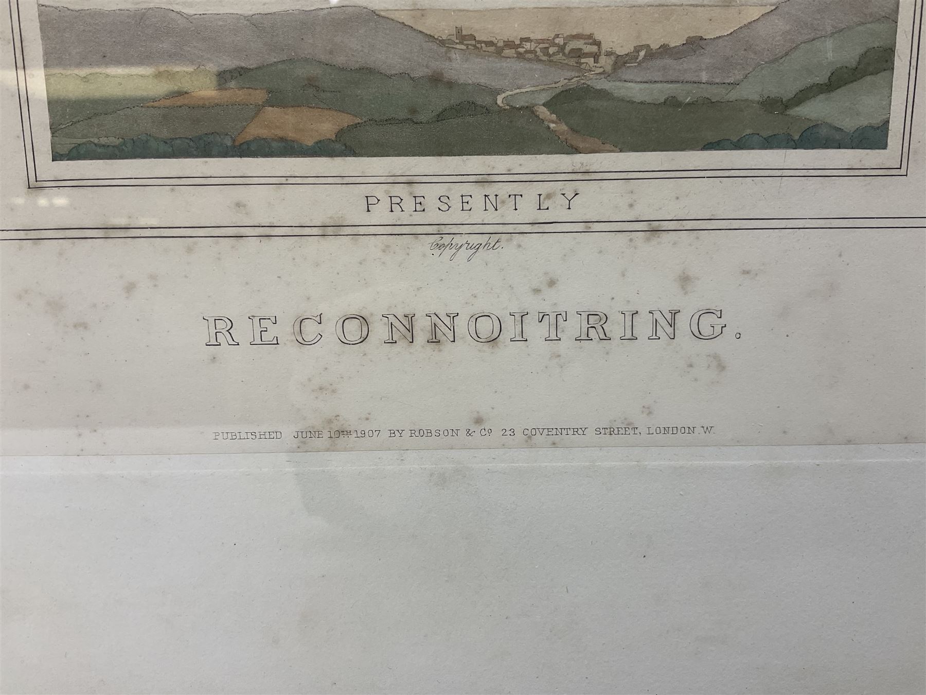 Early 20th century humorous military colour print entitled 'Reconnoitring' depicting three titled images 'Past', 'Presently' and 'Present'; published 1907 and signed on the mount by the artist C.S. Collison 38 x 73cm; Hogarth style frame