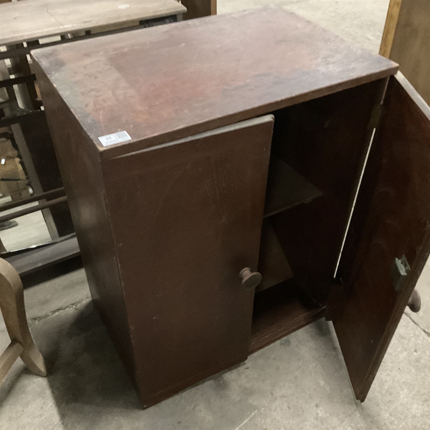 American style rocking armchair (W55cm); two clothes horses; piano stool with hinged lid; frameless wall mirror; pine shelf; pine rack; walnut shelf; walnut two door cabinet; early 20th century oak picture frame; and a Victorian pine frame (10) - THIS LOT IS TO BE COLLECTED BY APPOINTMENT FROM THE OLD BUFFER DEPOT, MELBOURNE PLACE, SOWERBY, THIRSK, YO7 1QY