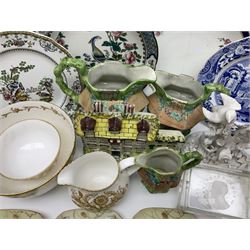 Royal Crown Derby Brocade pattern jug and sugar bowl, together with a similar gilt floral pattern bowl, three graduating Staffordshire style pearlware cottage jugs, Leeds Pottery model cottage and other ceramics and glassware, etc