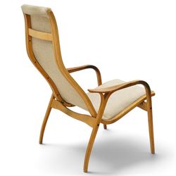 Yngve Ekström (1913-1988) for Swedese - pair of 'Lamino' bent-oak framed easy armchairs, the high reclined back over shaped swept arms and splayed supports, upholstered in beige fabric