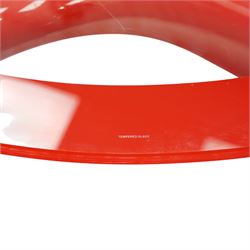 Italian post-modern design coffee table, oval glazed top with red banding over a shaped base of female form
