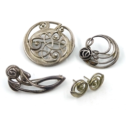  Sheila Fleet, Orkney designer silver and enamel swirl pendant and matching ear-rings, Ola Gorie silver brooch and ear-rings and two Kit Heath silver brooches all stamped or hallmarked  