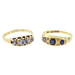 Early 20th century gold five stone sapphire and old cut diamond ring, total diamond weight...