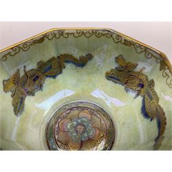 Wedgwood Dragon Lustre octagonal bowl, decorated in gilt with dragons upon a mottled blue ground, H7cm D12cm