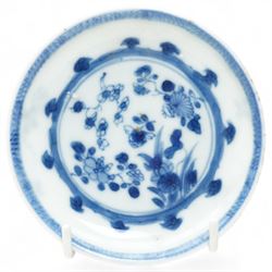 Set of six Chinese blue and white saucers, mostly Kangxi period, comprising matching pair decorated with insects and birds, example with painted lions and tigers, four bearing blue painted 'lingzhi' fungus mark to base, the others unmarked (6)