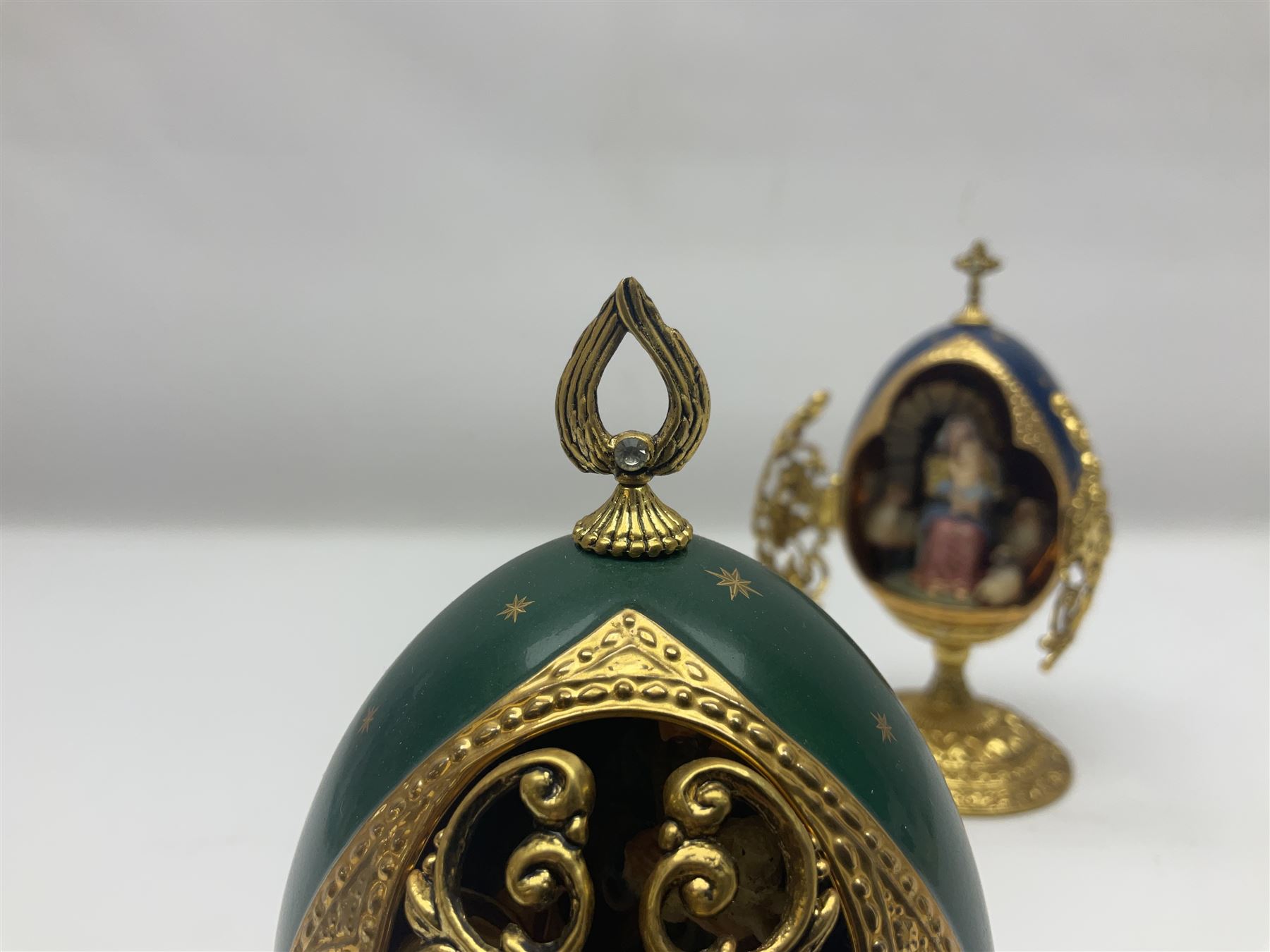 Franklin Mint House of Faberge three collectors eggs, comprising Madonna and Child, The Shepherds Gift and Glorious Adoration 
