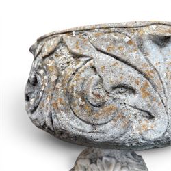 Cast stone ornate garden urn, circular shall bowl on squat base