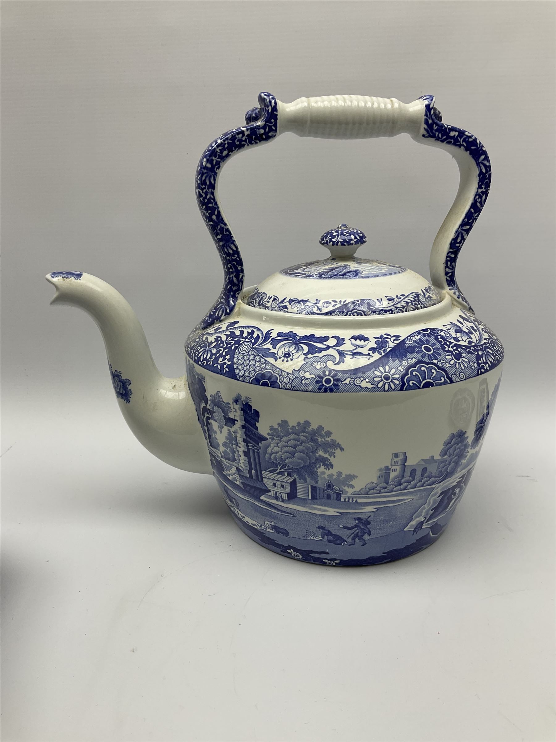 A large Spode blue and white Italian pattern novelty teapot, H33cm, with black printed mark beneath, together with a selection of other Spode blue and white Italian pattern wares. 
