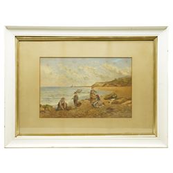 Kate E Booth (British fl.1850-1898): Figures on Whitby Beach Looking to Whitby Abbey and Lighthouse, watercolour signed and inscribed 34cm x 52cm