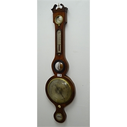  Early 19th century inlaid mahogany wheel barometer signed J Ronchetti York, with swan neck pediment above Dry/Damp, mirror, and level dials, H96cm and a rosewood cased onion top wheel barometer lacking thermometer and tube, H102cm (2)  