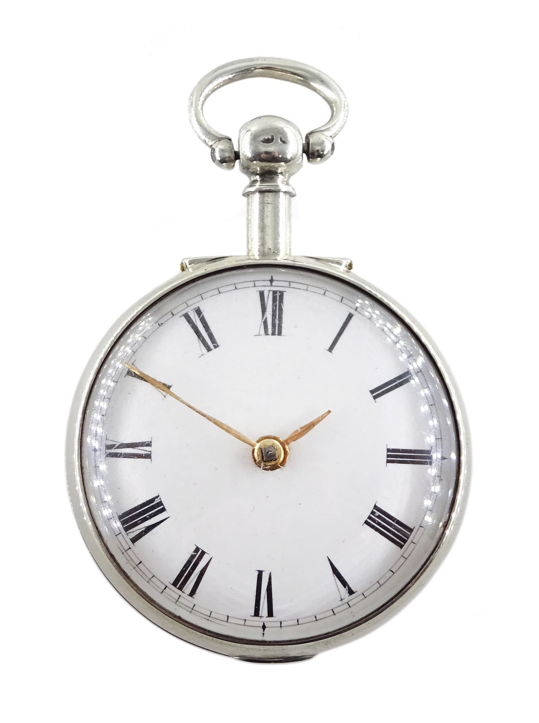 Victorian silver pair cased verge fusee pocket watch by Thomas Martin, London, No. 8139, pierced and engraved balance cock decorated with a mask, white enamel dial with Roman numerals, case by William Carter, London 1856