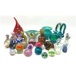 Mdina glass comprising a sculptural glass paperweight, bottle and stopper, vase of teardrop form, two vases and a dish, together with various paperweights including Caithness, vases etc 