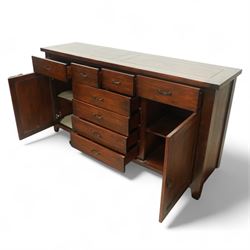 Contemporary hardwood sideboard, rectangular plain top above three short drawers and four central drawers flanked by two panelled cupboard doors 