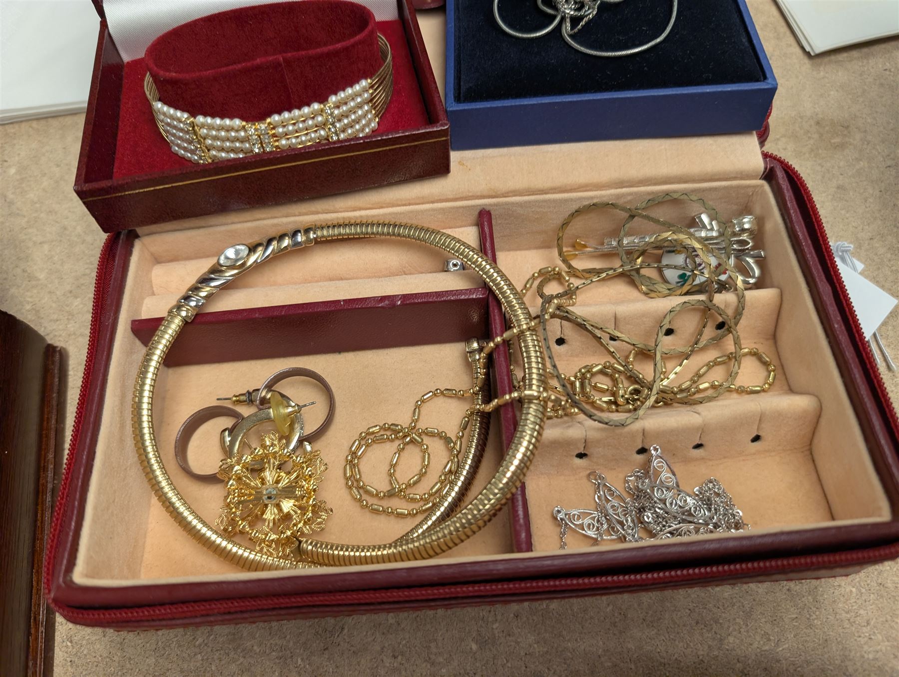 Silver marcasite wristwatch and a large collection of costume jewellery, including beaded necklaces, wristwatches, etc, 