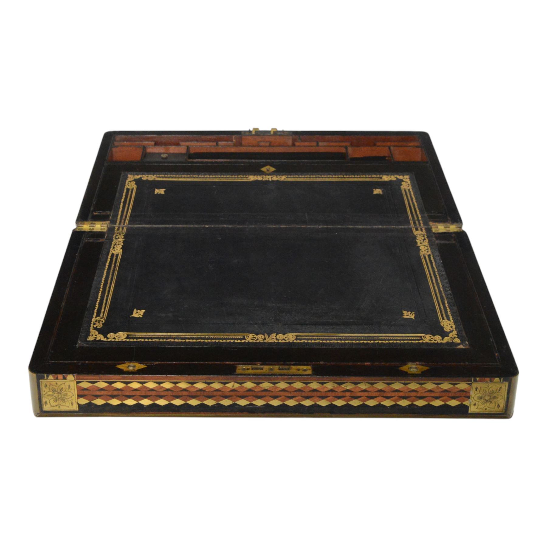 19th century rosewood writing slope, of rectangular form, the hinged cover and front with inlaid foliate engraved brass corner panels, and inlaid marquetry and brass diamond borders, the cover with foliate engraved and named central plaque, opening to reveal a fitted and compartmented interior with gilt tooled black leather slope, H21cm W50cm D28.5cm