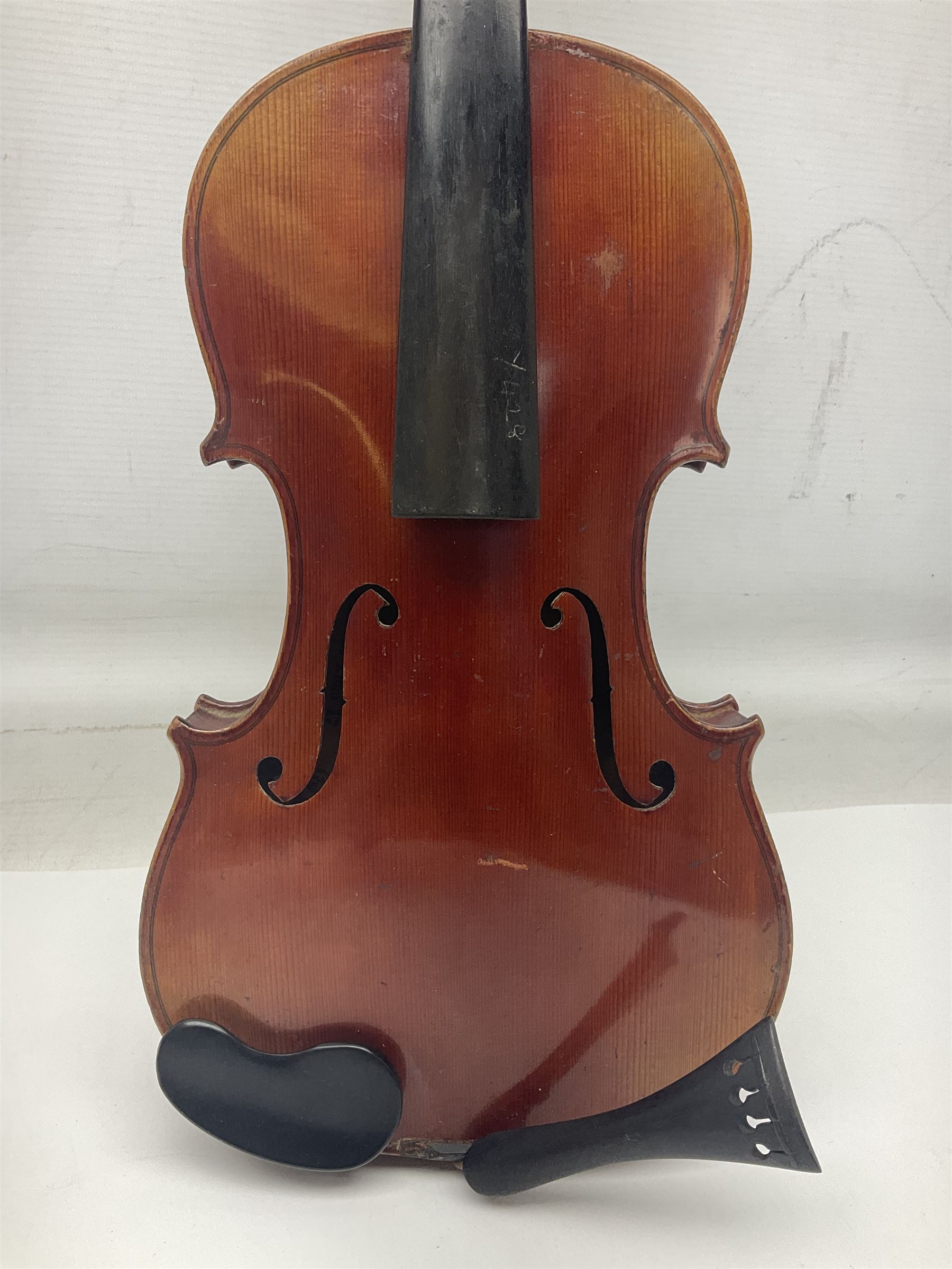 Saxony violin c1900 with 36cm two-piece maple back and ribs and spruce top; bears label 'Antonius Stradivarius Cremonensis Faciebat Anno 17**' L59cm overall; in carrying case