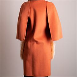 Fendi Roma - wool cape coat in 'Cayenne' orange peach, with concealed front fastening and short flared cape sleeves, applied with dyed arctic fox fur patch pockets, size 40, unused with original tags