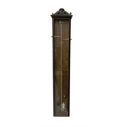 English - oak cased late 19th century Admiral Fitzroy mercury barometer, fully glazed case with a carved crested top, full length charts with detailed Fitzroy remarks and predictions, with a mercury thermometer and sliding brass indicators.