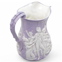 Samuel Alcock & Co lavender jug, decorated in relief with a Napoleonic scene from the Siege of Acre 1799, black printed mark to base, H22.5cm 