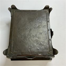 Arts and Crafts copper box, the lid decorated with stylised riveted hinges and inset with Ruskin type ceramic turquoise heart-shaped cabochon, the mount etched M.B 1913, and further cabochon roundel to each side panel, including one inset to the clasp acting as the knob to the locking mechanism, marked RS Douglas 1913 beneath, W16.5cm H7cm D15cm