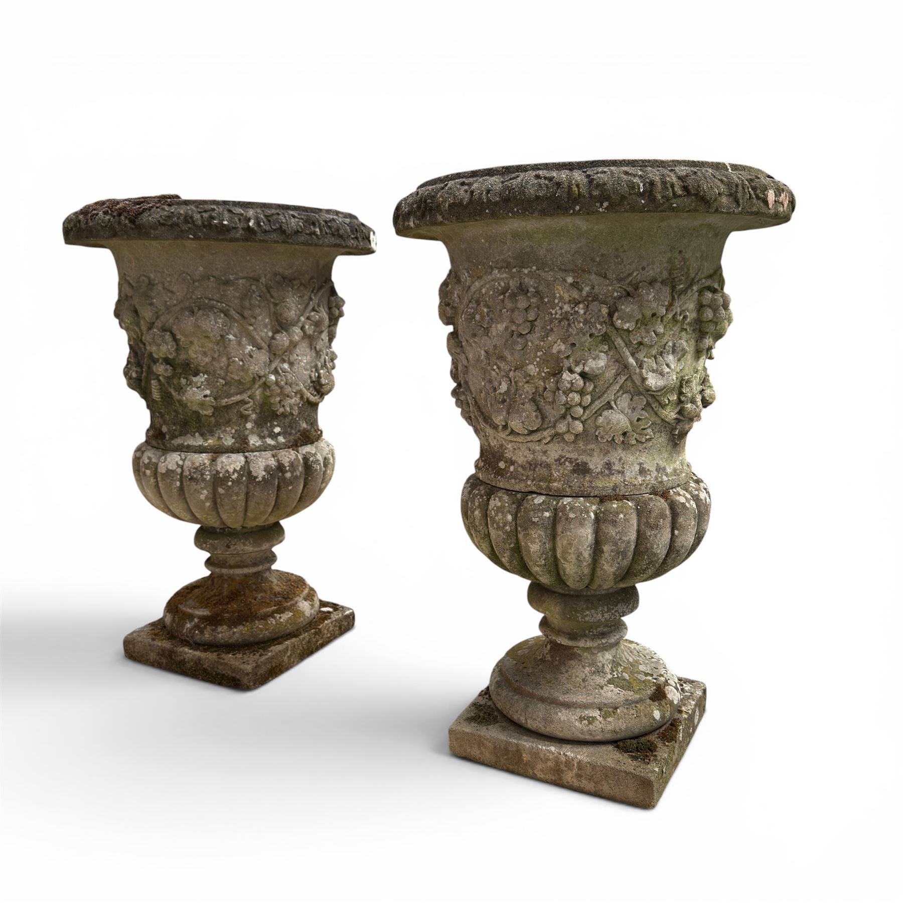 Pair of quality antique weathered three-piece composite stone garden urns, the flared rim moulded with repeating acanthus leaves, over a deep-relief campana body decorated with fruiting grapevines and ivy leaves, the gadrooned underbelly over a turned socle and square base