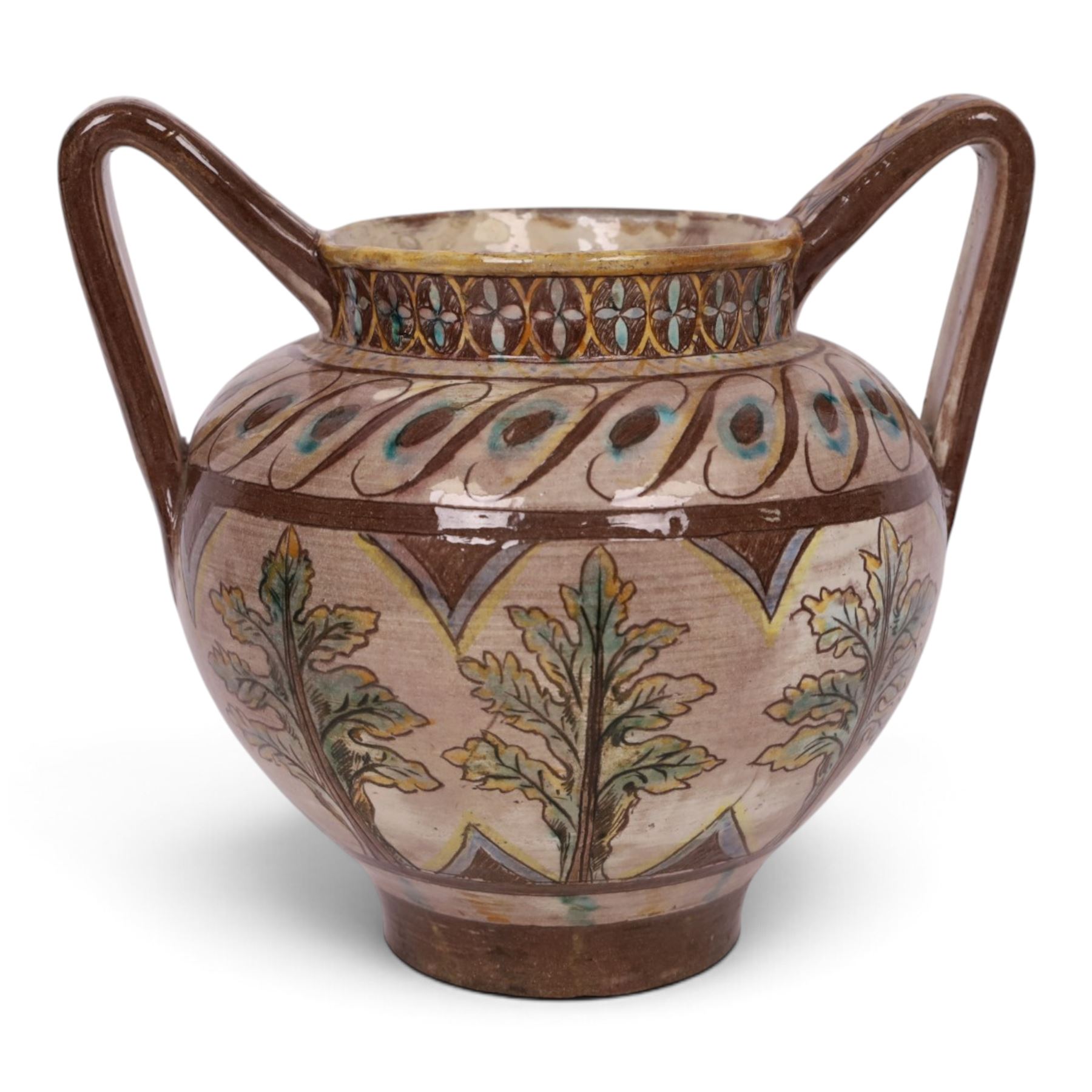 William De Morgan twin handled vase, sgraffito-decorated with turquoise and yellow trees, within a brown boarder, with a repeating floral boarder to the neck, with signed and impressed marks beneath, H21cm