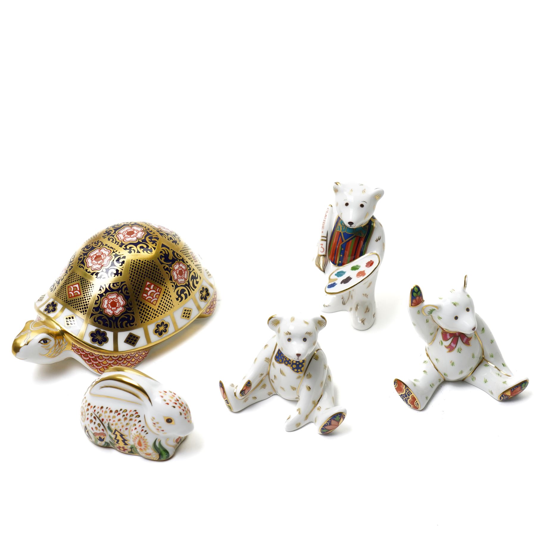 Collection of Royal Crown Derby paperweights, comprising Yorkshire Rose 'Father Tortoise' with gold stopper, boxed, Baby Rowsley Rabbit Exclusive for Sinclairs, with gold stopper, boxed, and three miniature bears (5)