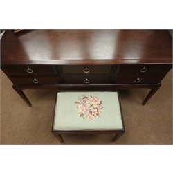  Stag dressing table, three mirrors, six drawers, (W131cm, H128cm, D47cm), matching dressing chest and stool with upholstered seat  