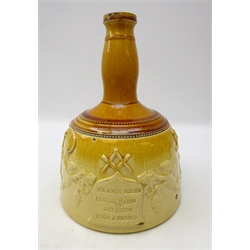  Victorian stoneware setting maul shaped whisky flask/ decanter, applied with Royal Coat of Arms, Masonic Symbols and shield flanked by cherubs 'Mr John Milne, Farmer Mains of Laythers, From a Friend' H27.5cm   