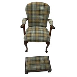 Late 19th century walnut open armchair in tartan fabric, scroll carved terminals and cabriole supports (W62cm, H94cm), together with a footstool upholstered in matching fabric