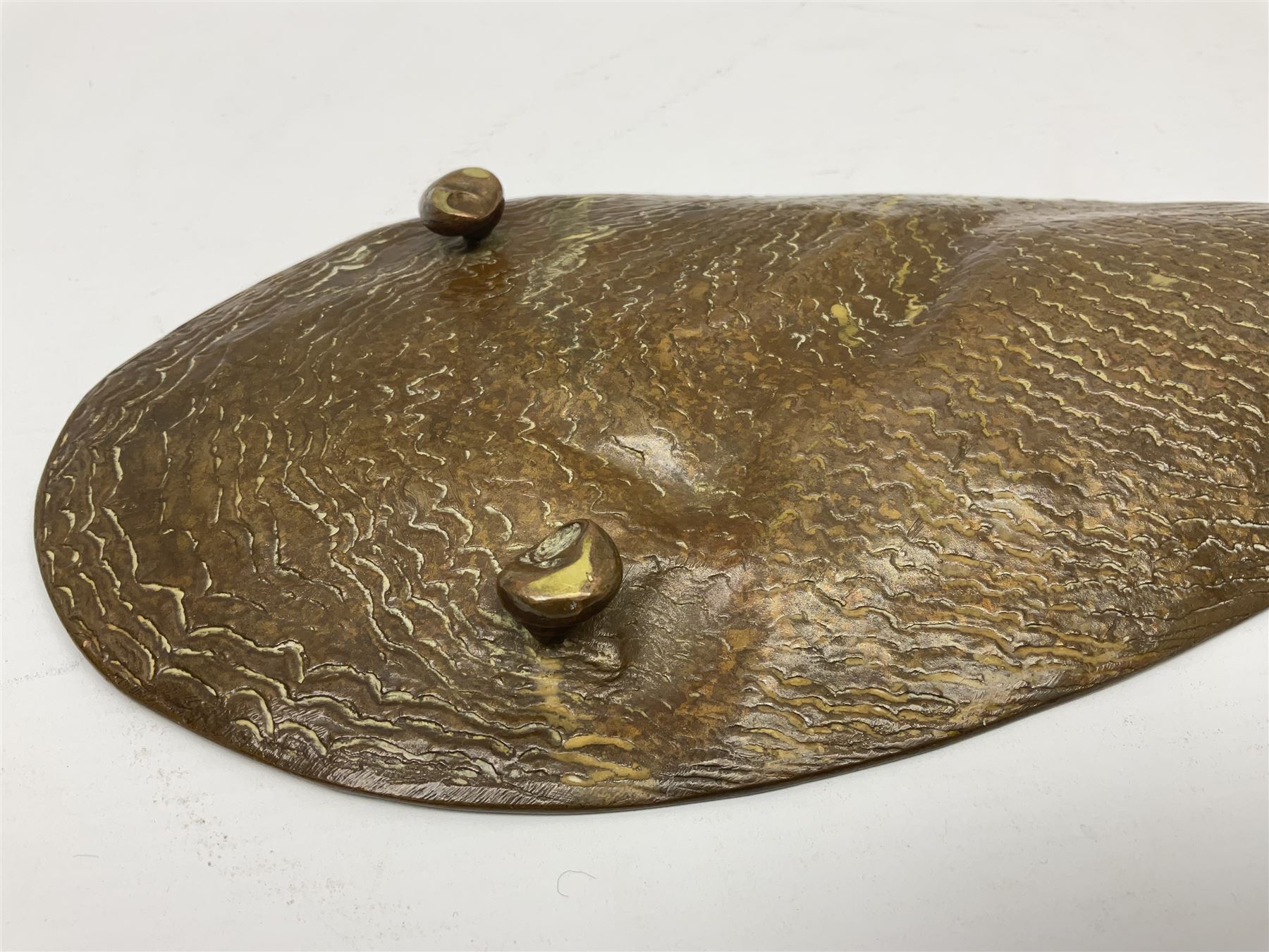 Bergman Art Nouveau bronze dish, of naturalistic shell form upon four shell feet, the centre decorated in relief with a mermaid amongst fish and sea horses, with Bergman mark and impressed Geschutzt 5070 beneath, L36cm