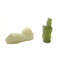 A Chinese celadon jade carved figure, modelled as a recumbent horse, L6cm, together with a nephite jade carved figure modelled as Guanyin, H5.5cm. 