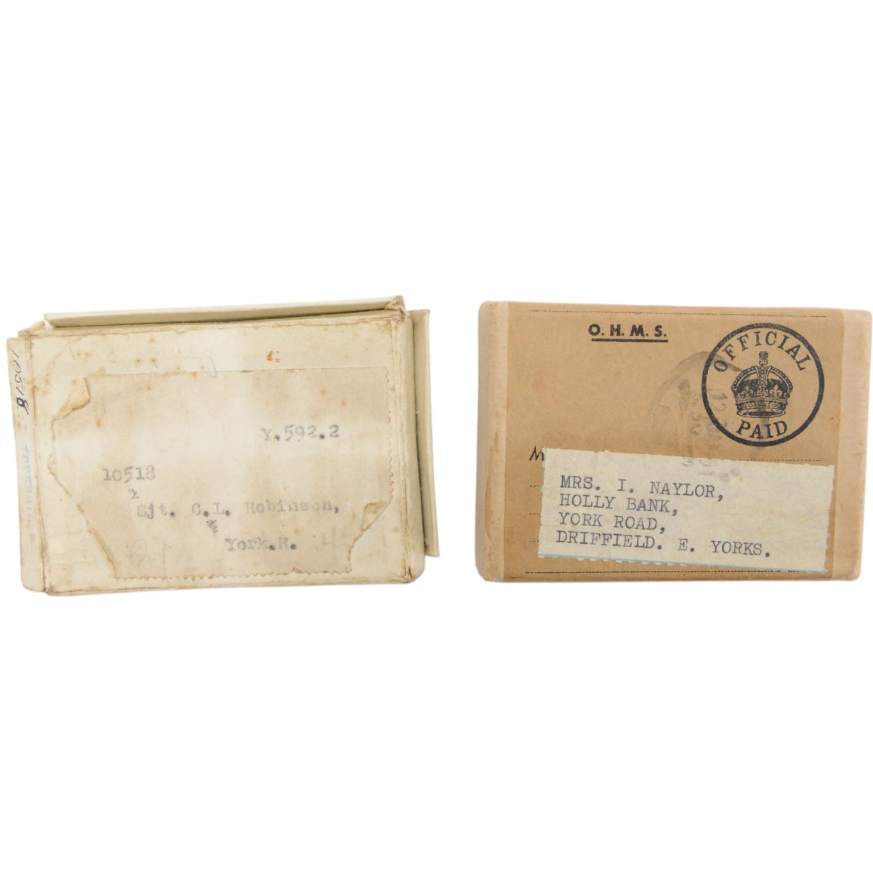 WWI trio of medals, comprising British War Medal, Victory Medal, 1914-15 Star, awarded to 10518 Cpl C.L.Robinson York.R, with the original Record Office letter sent with the British War Medal and 1914-15 Star, together with WWII War Medal awarded to 1101204 Sgt Naylor in box of issue 
