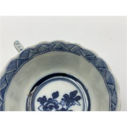 18th century Chinese blue and white Kangxi teacup and saucer, decorated with dancing figures, four character Kangxi mark beneath, saucer D10cm