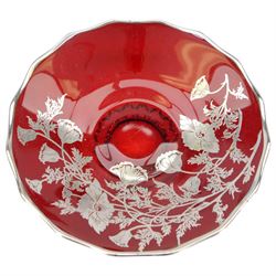 Pair of Victorian Bohemian ruby glass goblet and cover, together with a blue glass decanter and a ruby plate with silvered overlay, goblets H24cm 