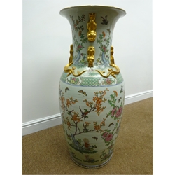  Pair large Chinese floor vases, the bodies decorated in famille vert, and rose enamels with exotic birds and insects in a garden landscape, the trumpet neck with gilt dragon and temple dogs, D40cm, H96cm (2)  