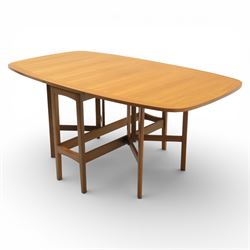 Nathan - teak drop leaf dining table, the rectangular top with rounded corners fitted with twin hinged drop leaves and gate legs, extended to form an oval table 174cm in length, raised on square section supports united by stretchers