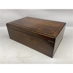 Elkington & Co part canteen of silver plated and stainless steel cutlery, to include simulated ivory handled examples, housed in oak and mahogany case, lock plate stamped 'Acme, British Made', W49cm D31cm H18cm