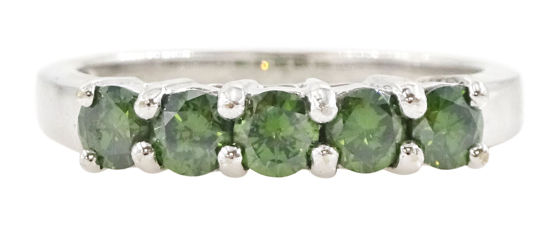 18ct white gold five stone, round brilliant fancy green diamond ring, hallmarked, total diamond weight approx 0.55 carat