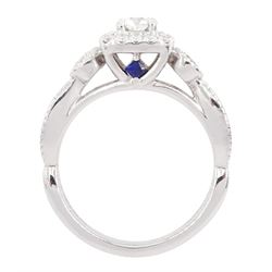 Vera Wang 18ct white gold diamond and sapphire 'Love' ring, round brilliant cut diamond cluster, with diamond set shoulders and sapphire set gallery, total diamond weight 0.70 carat, boxed