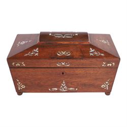 Victorian mother of pearl inlaid rosewood sarcophagus-shaped tea caddy, together with a brass bound writing slope and one other 