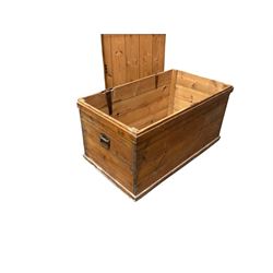 Victorian pine blanket box, hinged top, iron carrying handles