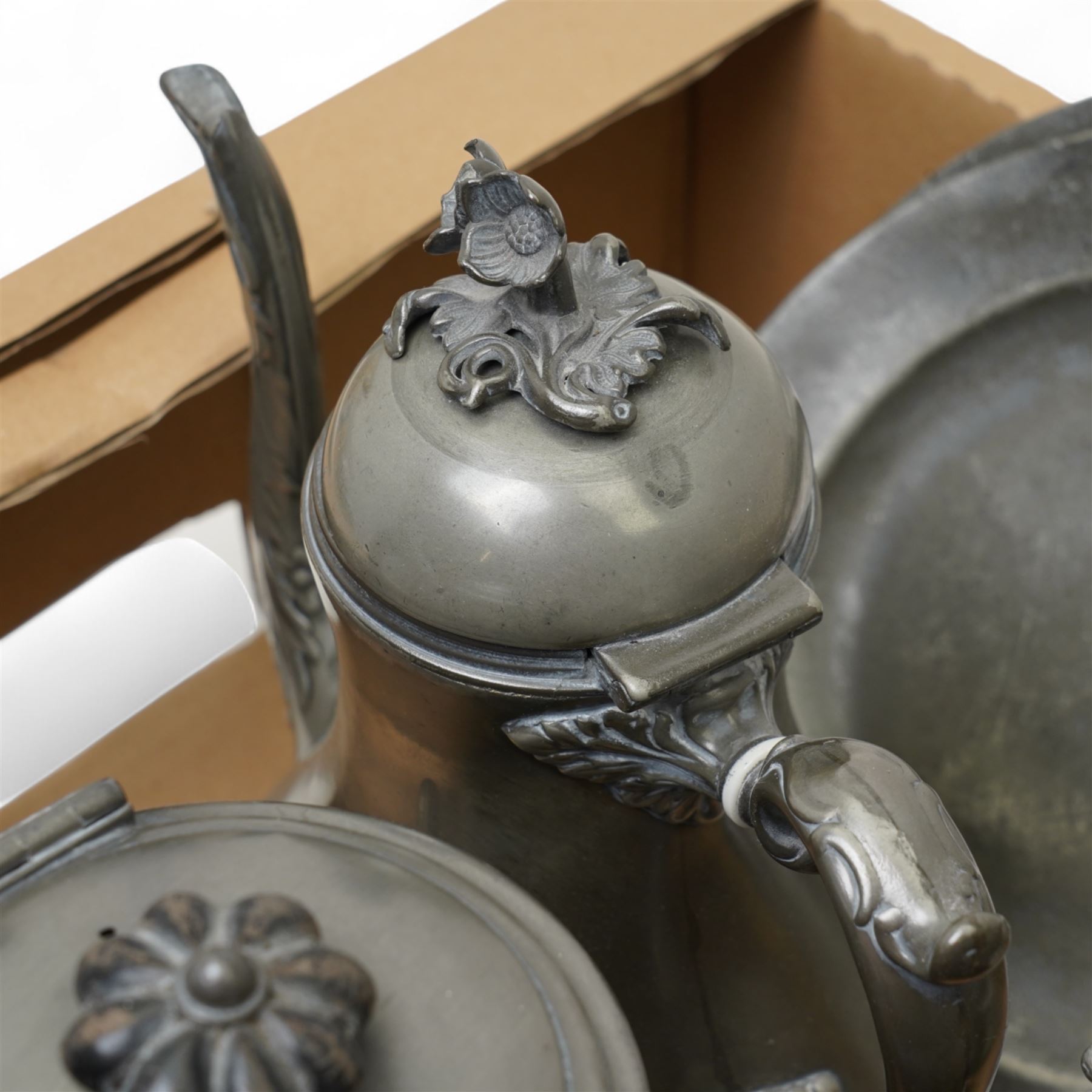 Victorian pewter coffee pot by James Dixon, three others, pewter sand shaker, teapot and two pewter plates