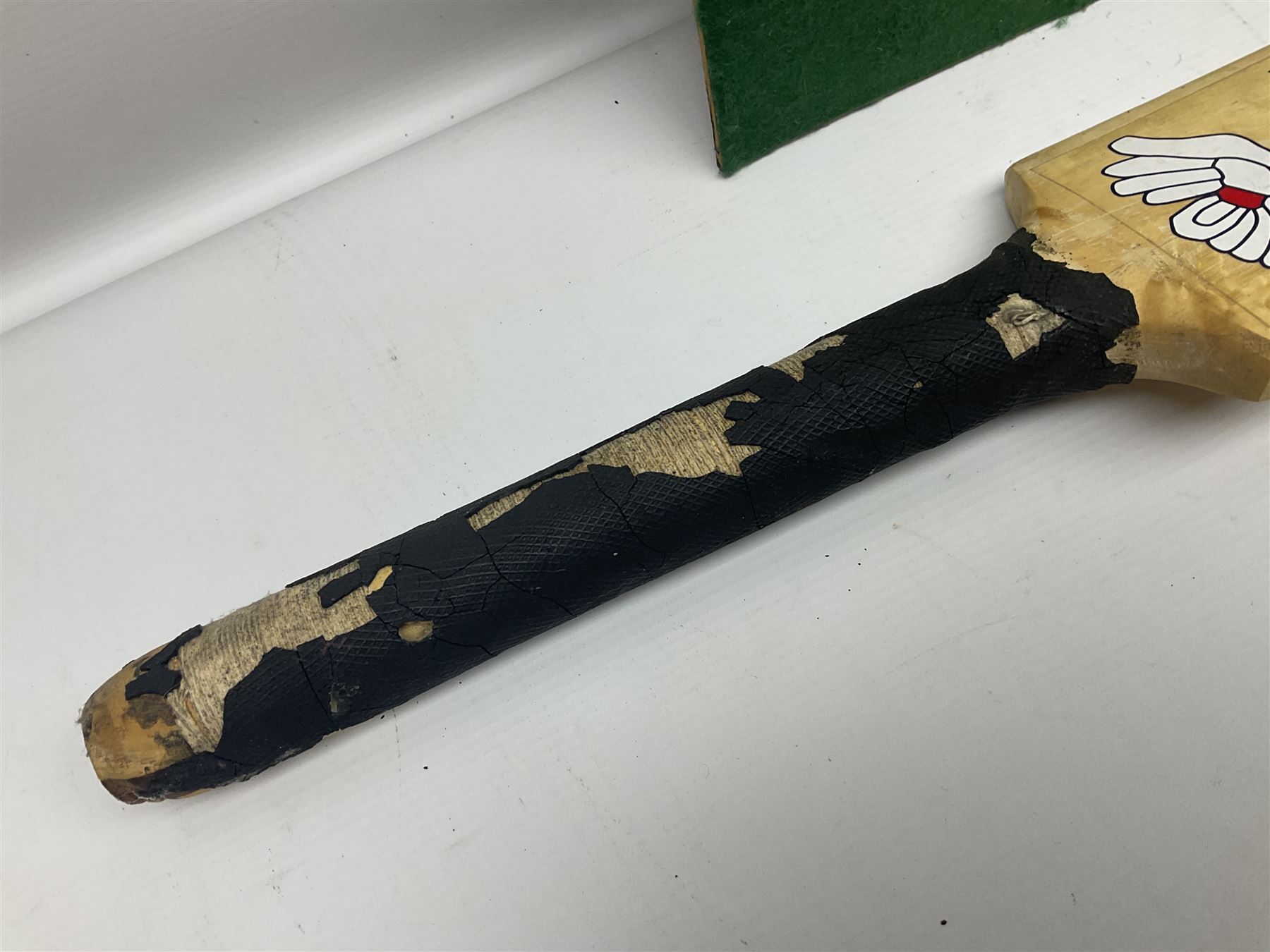 Annotated display board of clay pipes; rootwood walking stick and Yorkshire CCC signed cricket bat 2001