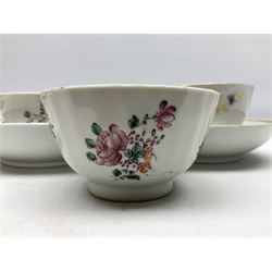 Two 18th century Newhall tea bowls and saucers, the first example decorated with pattern no 195, hand painted painted with floral sprays, the second hand painted with flowers in a gilt boarder, together with a similar tea bowl